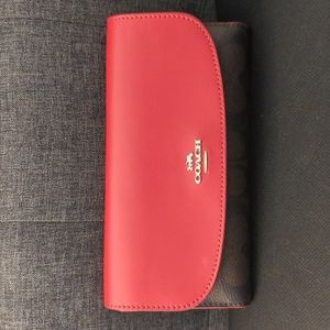 Coach Signature Canvas Checkbook Wallet- Red and Brown